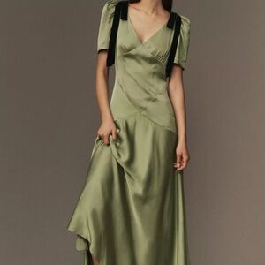 Mare Mare 'Bree' Bow Puff-Sleeve Slip Dress in Olive (NWT)